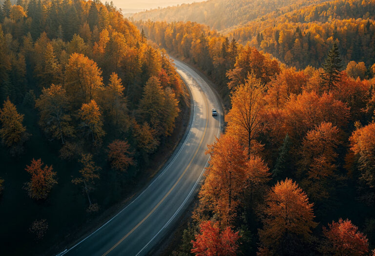 une voiture roule sur une grande route bordée d'arbres aux couleurs automnales